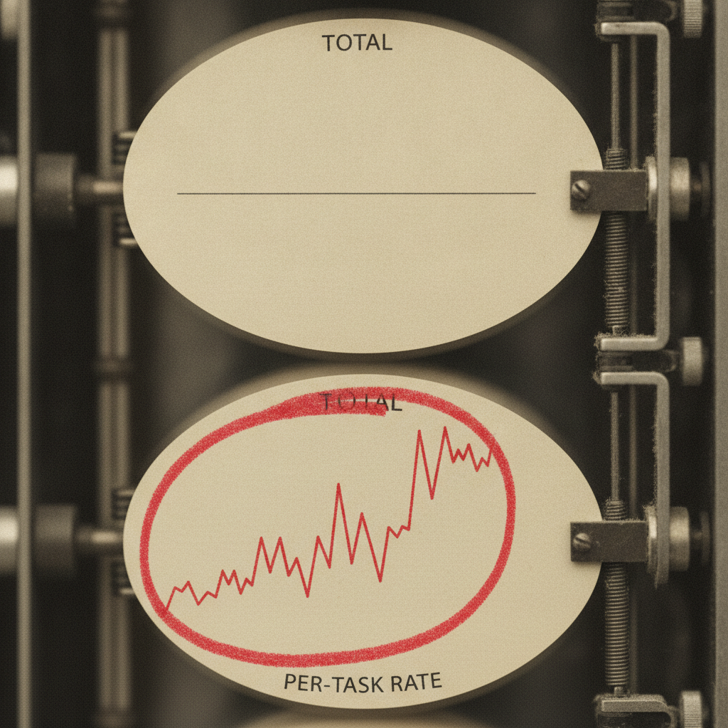 A seismograph whose 'total' channel reads flat while the 'per-task rate' channel below shows a creeping upward spike circled in red — the regression the average hid.