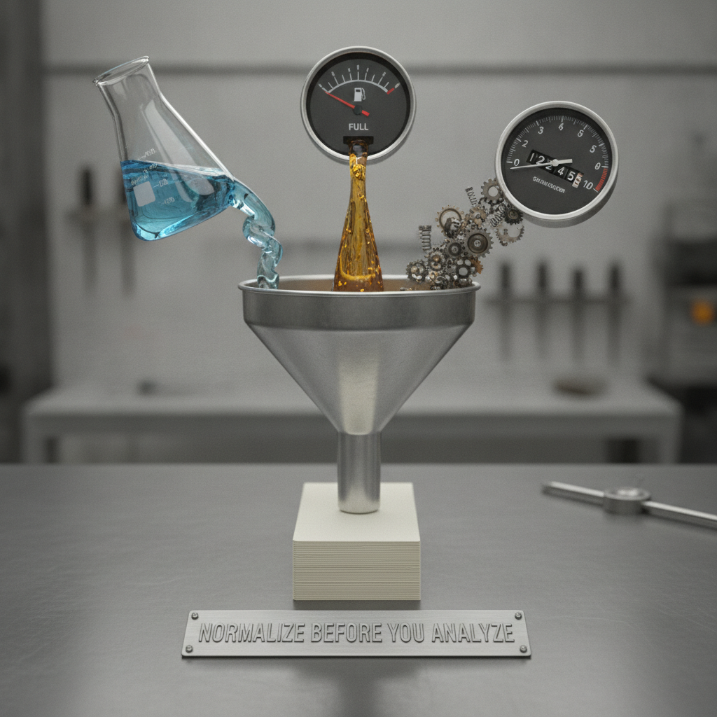 Three mismatched instruments — a beaker, a fuel gauge, an odometer — pouring differently-shaped streams into one funnel that outputs a single uniform stack of identical records.