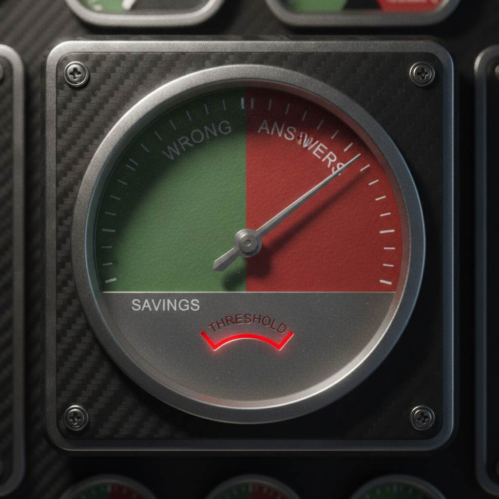 A precision dial whose needle, turned too far, crosses from a calm green zone into a red danger zone — the similarity threshold between savings and wrong answers.
