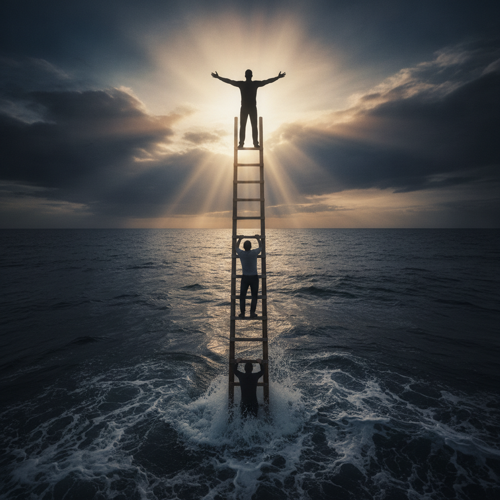 A ladder rising out of dark ocean water toward bright light, with human figures at different rungs — one struggling at the waterline, one climbing, one near the top reaching the light.