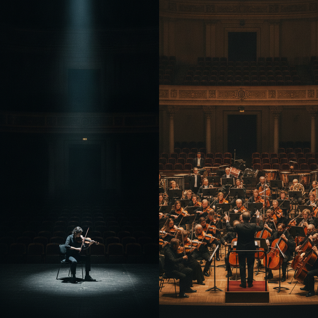 A lone violinist under a single spotlight in a dark, empty concert hall on the left; on the right, the same stage filled with a full orchestra led by a conductor with arms raised — soloist versus orchestrator.