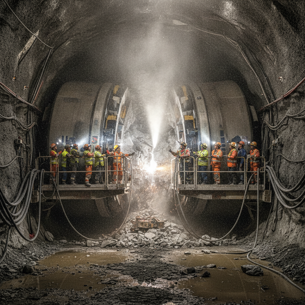 Two tunnel-boring crews meeting in the middle of a mountain from opposite directions, headlamp beams aligning at the breakthrough where the last rock wall just broke open — two efforts converging on the same point.