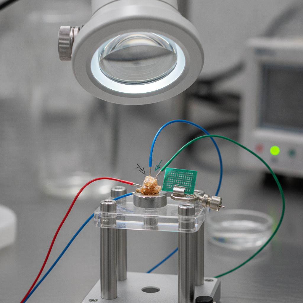 A single specimen clamped in a measuring jig under a bench magnifier, three labeled probe leads touching it — one feeding in, one reading output, one holding a reference card.