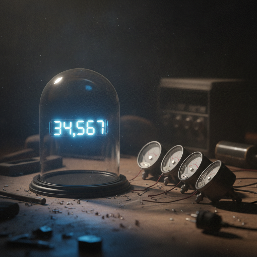 One glowing monthly-total number sealed under a bell jar with no knobs, while four dark unplugged gauges sit beside it — the dashboard number you can't turn.