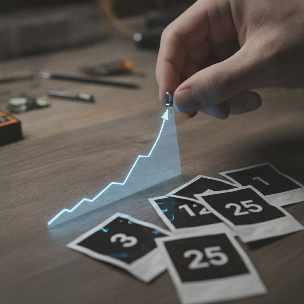A hand pinning a rising trend-line strip chart onto a workbench beside a pile of discarded single-number Polaroids — the moving film beats the still snapshot.