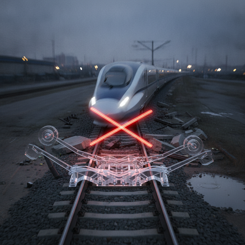 A railway switch throwing a train off a blocked, collapsed primary track onto a clean secondary track without stopping — transparent failover in motion.