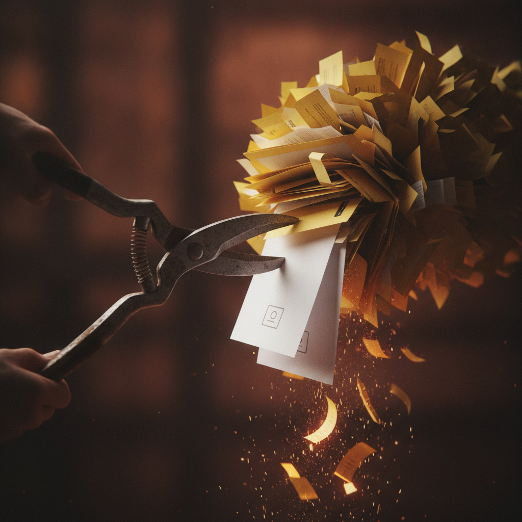 Pruning shears trimming an overgrown bundle of files down to two clean labeled sheets, the clippings falling away as glowing wasted tokens — less junk, cheaper and sharper.