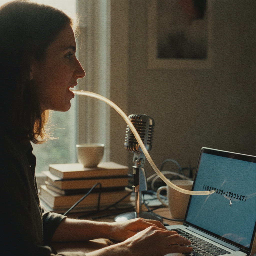 A person mid-sentence with a smooth, unbroken ribbon of speech flowing into a microphone, contrasted with a cramped typed line — talking is effortless where typing is constrained.