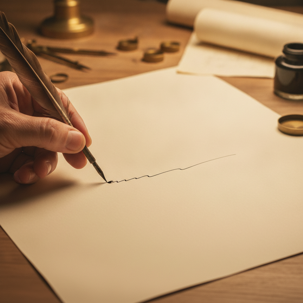 A cartographer's hand drawing the first ink line onto a blank sheet of vellum — nothing to copy from, the first instance written by hand.